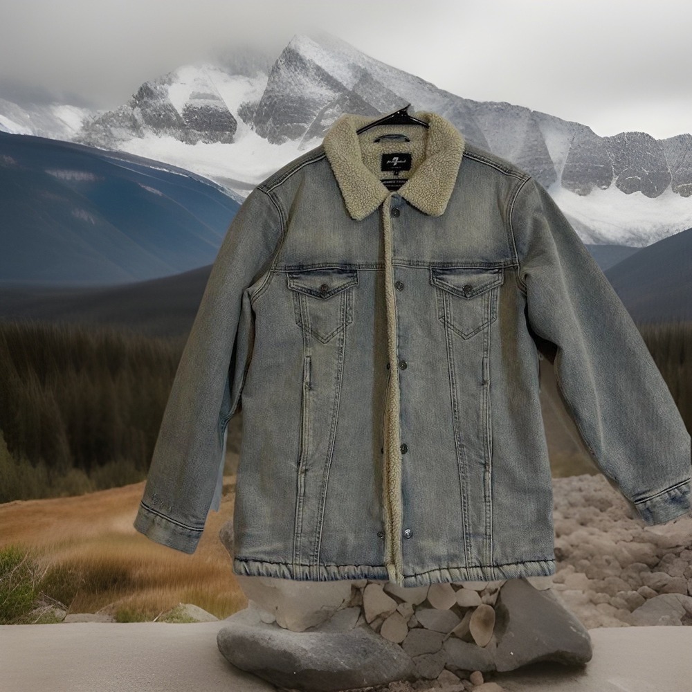 7 For All Mankind Sherpa Overshirt Jacket Mens Small Denim Lined Japanese Fabric